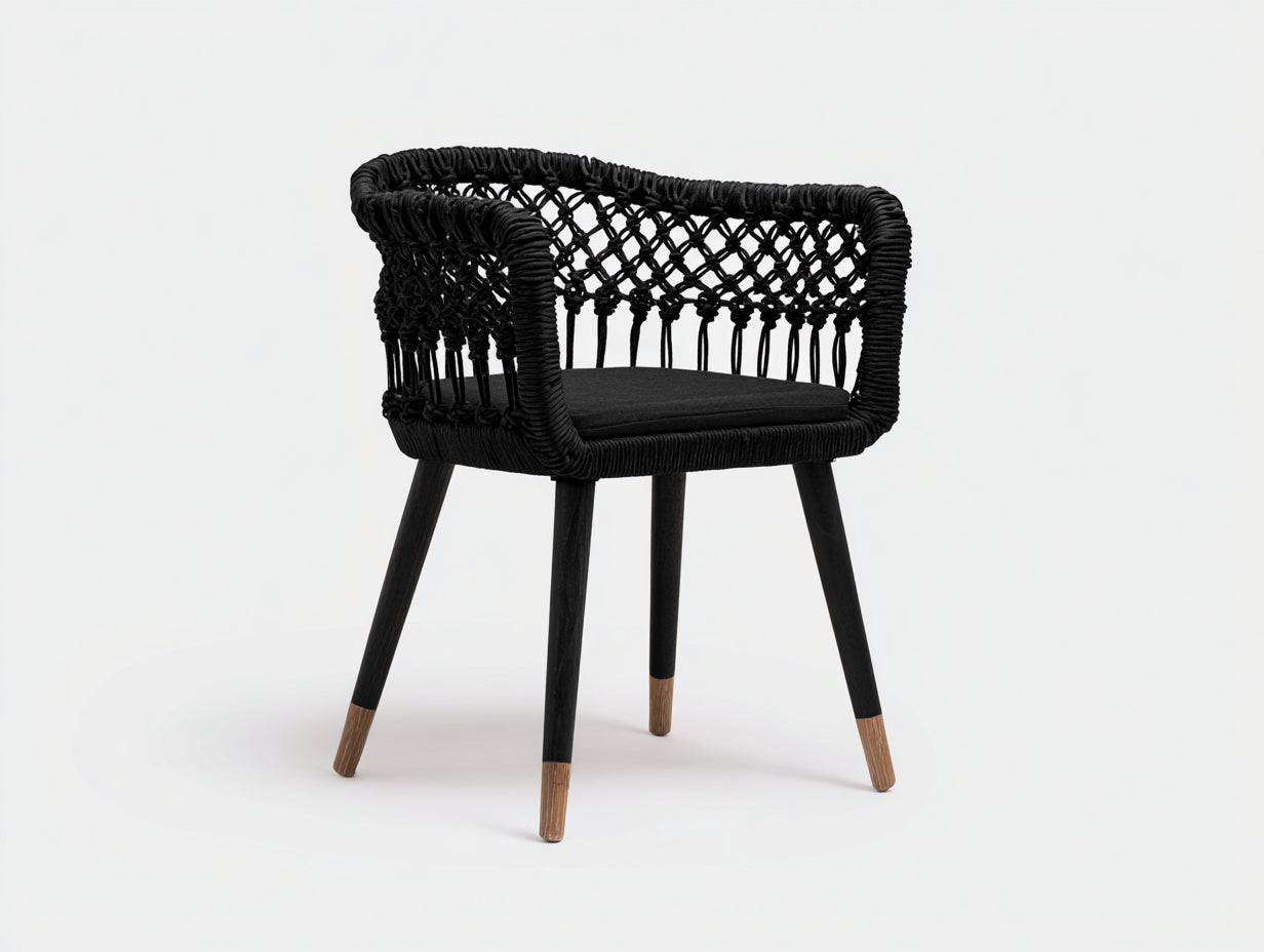 Rattansessel-Holz-Seilgeflecht-58×56×78 cm-Schwarz/Natur-Esszimmer-offene Knotenoptik