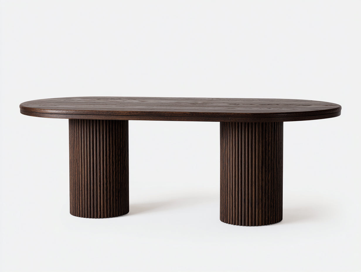 Niedriger Esstisch-Holz-160×90×62 cm-Dunkelbraun-Esszimmer-ovale Platte mit Rillensäulen