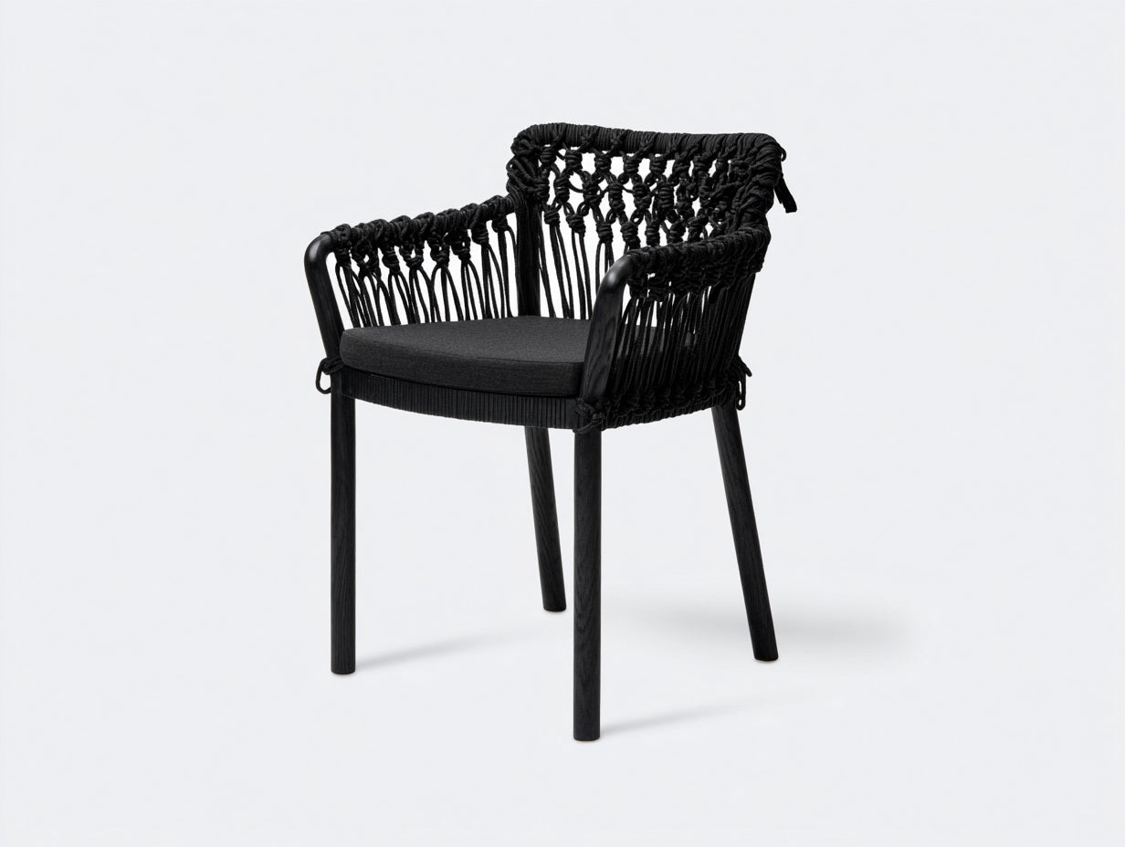 Rattansessel-Holz-Seilgeflecht-Stoff-62×60×82 cm-Schwarz-Esszimmer-hohe Knotenlehne