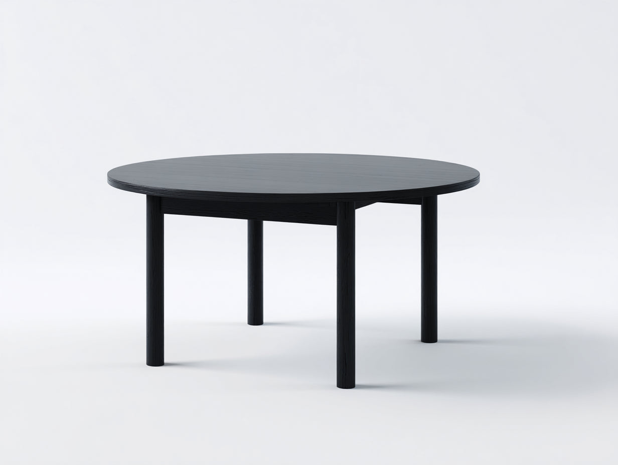 Niedriger Esstisch-Holzwerkstoff-140×140×75 cm-Schwarz-Esszimmer-runde Tischplatte mit gerader Beinstruktur
