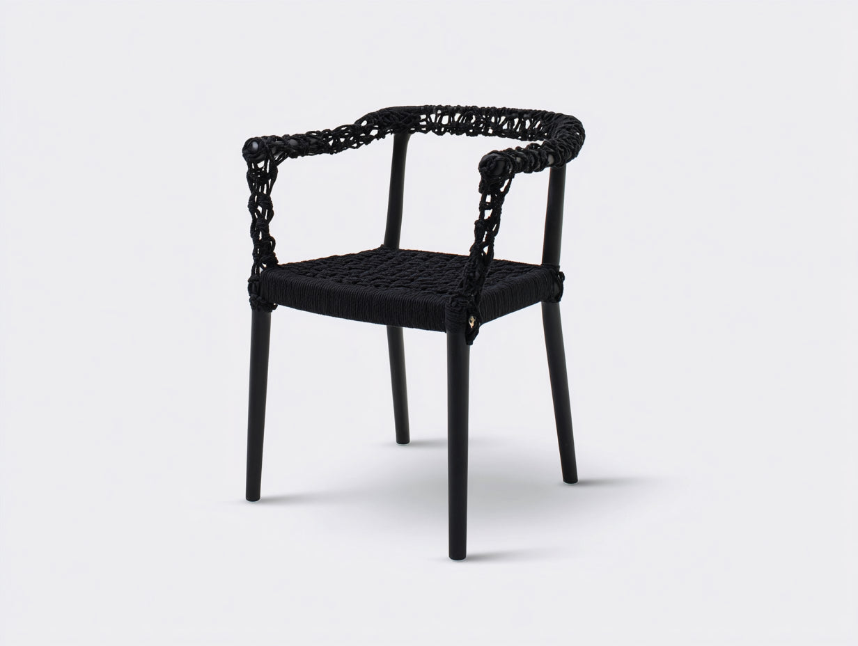 Rattansessel-Holz-Seilgeflecht-57×55×79 cm-Schwarz-Esszimmer-geknüpfte Sitzfläche