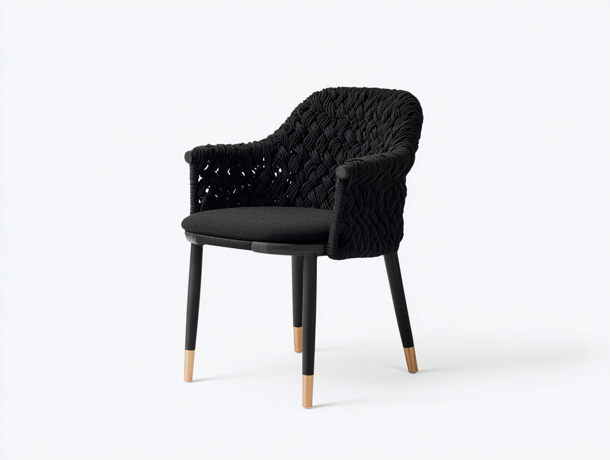 Rattansessel-Holz-Seilgeflecht-Stoff-61×59×82 cm-Schwarz/Natur-Esszimmer-dicht geflochtene Komfortlehne