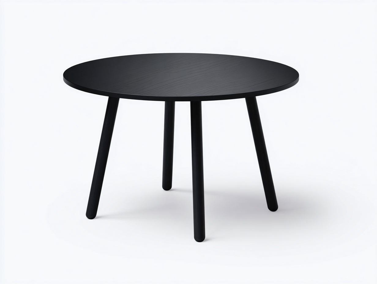 Niedriger Esstisch-Holz-120×120×64 cm-Schwarz-Esszimmer-runde Vierbeinoptik
