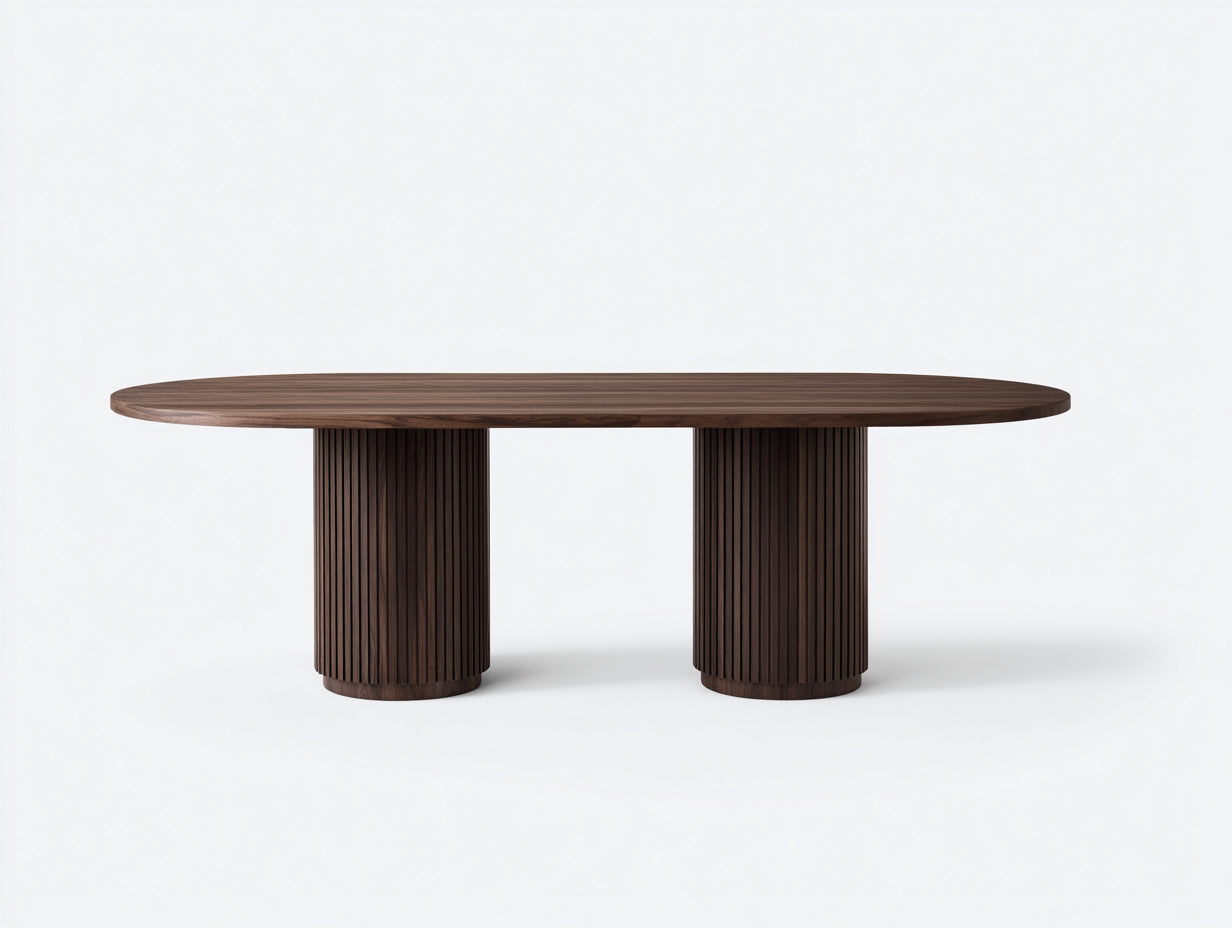 Niedriger Esstisch-Holz-170×95×63 cm-Dunkelbraun-Esszimmer-ovale Form mit gerippten Rundsockeln