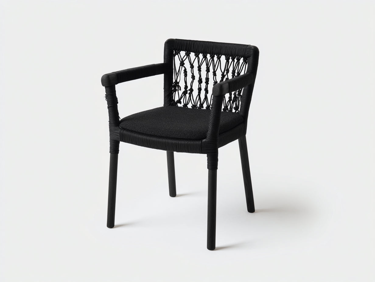 Rattansessel-Holz-Seilgeflecht-59×57×81 cm-Schwarz-Esszimmer-geknüpfte Rückenlehne