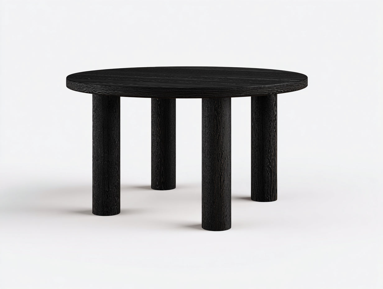 Niedriger Esstisch-Holz-114×114×61 cm-Schwarz-Esszimmer-massive Rundbeinoptik
