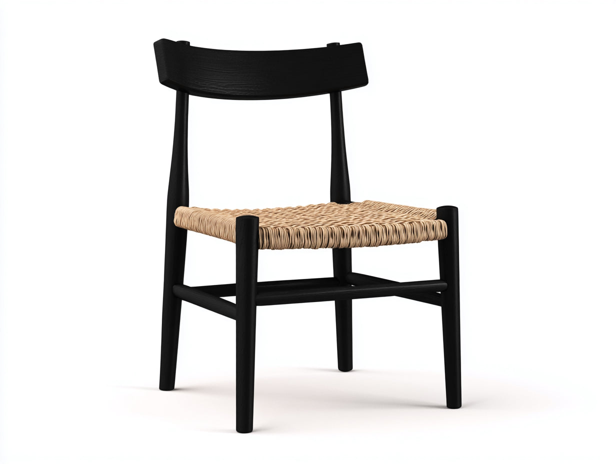Rattansessel-Holz-Seilgeflecht-54×55×78 cm-Schwarz/Natur-Esszimmer-gebogene Querlehne