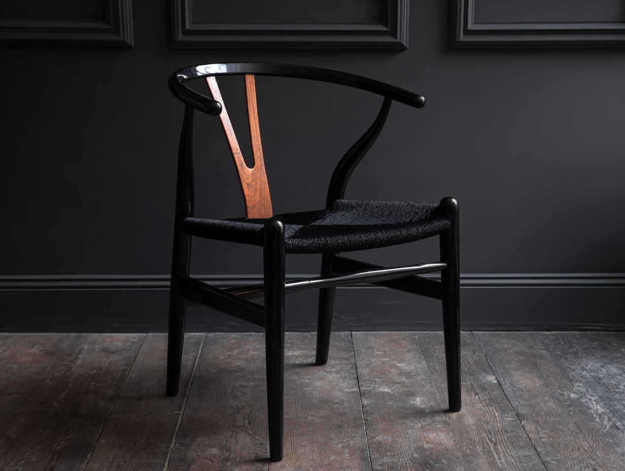 Rattansessel-Holz-Seilgeflecht-57×55×78 cm-Schwarz/Braun-Esszimmer-geschwungene Y-Rückenlehne