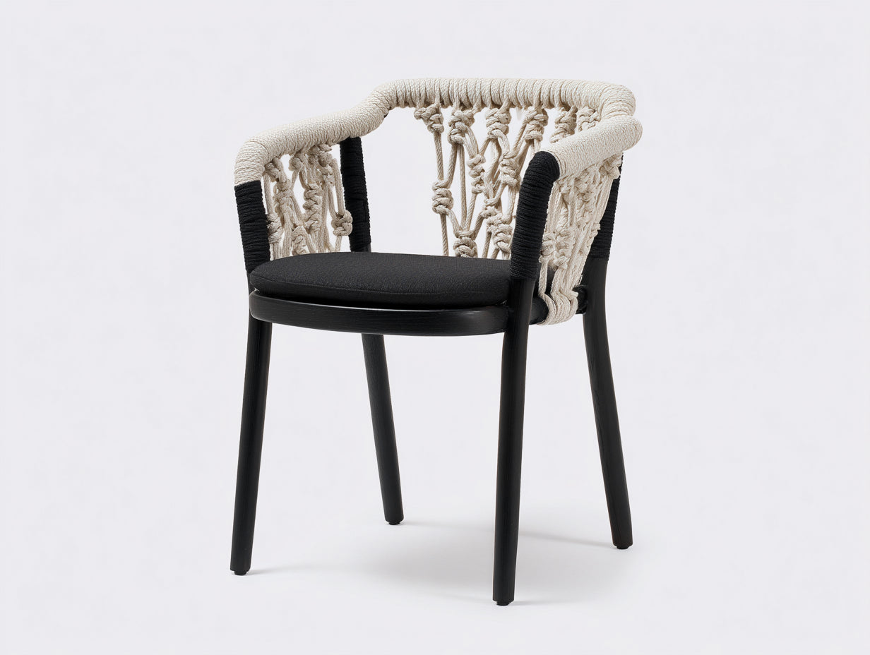Rattansessel-Holz-Seilgeflecht-60×58×80 cm-Schwarz/Creme-Esszimmer-Makramee-Design