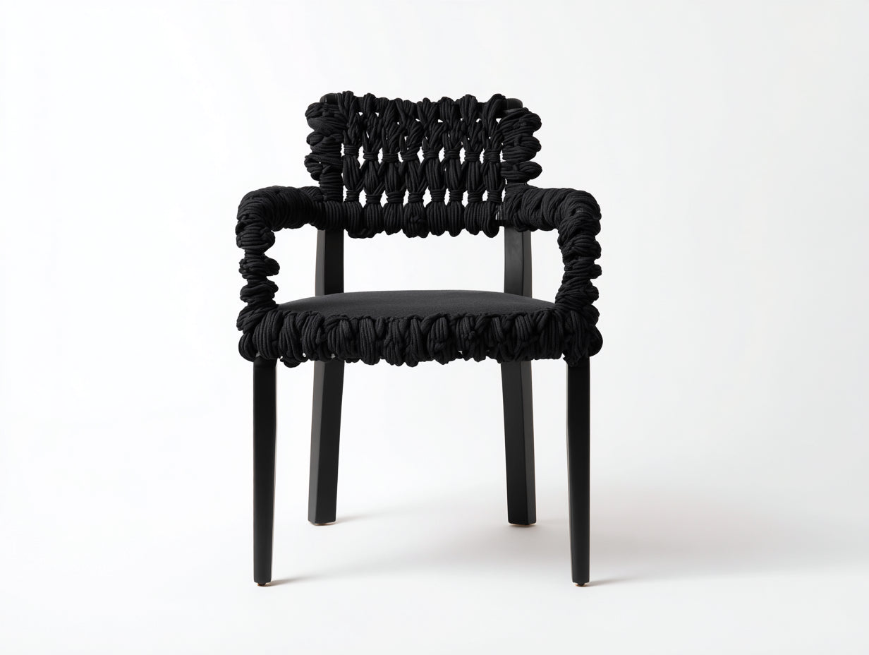 Rattansessel-Holz-Seilgeflecht-Stoff-58×56×78 cm-Schwarz-Esszimmer-breite Flechtkante