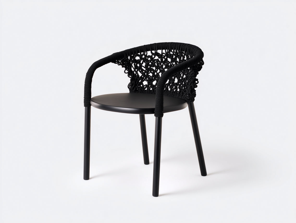 Rattansessel-Holz-Seilgeflecht-58×56×79 cm-Schwarz-Esszimmer-offene Netzlehne